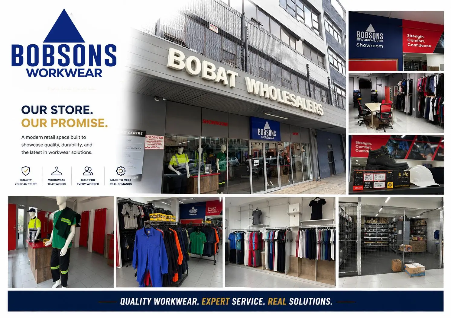 Bobsons Workwear store collage – Bobat Wholesalers building, showroom and retail floor