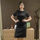 [BL3048BM-BLACKDUSTYPINK-28] Guanzhou 3 Button Round Neck Shift Dress  (BLACK DUSTY PINK, 28)