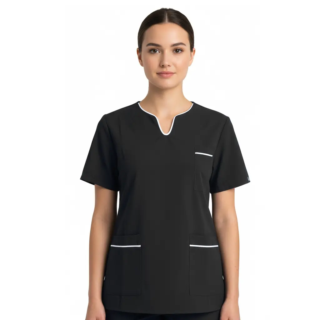 [N105BM-BLACKWHITE-28] Aventurine Curved V-Neck Tunic With Piping (BLACK WHITE, 28)